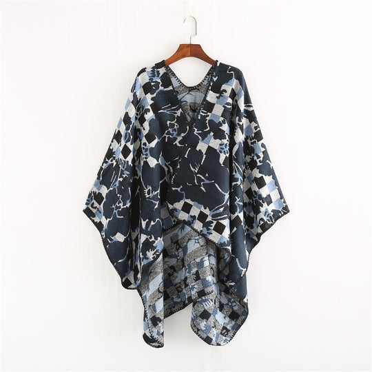 Damen Oversize-Ruana mit V-Ausschnitt und Jacquard-Karo-Floralmuster Shop Nory