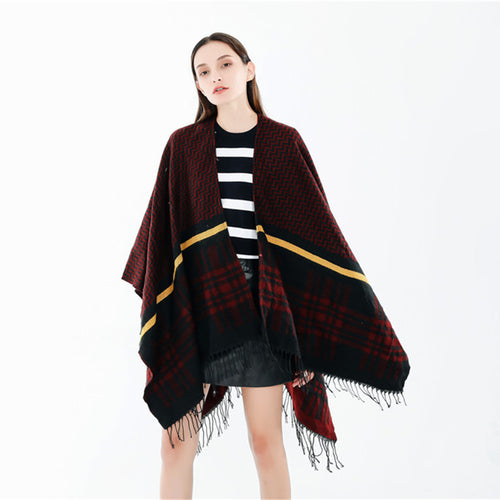 Damen Oversize-Umhangponcho aus Wollmix mit Karomuster, Zickzackjacquard und Fransensaum Shop Nory