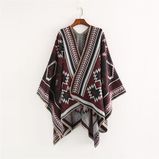 Damen Ethno‑Jacquard Ruana‑Poncho mit kastigem Oversize‑Fall und Zierkettelnaht Shop Nory