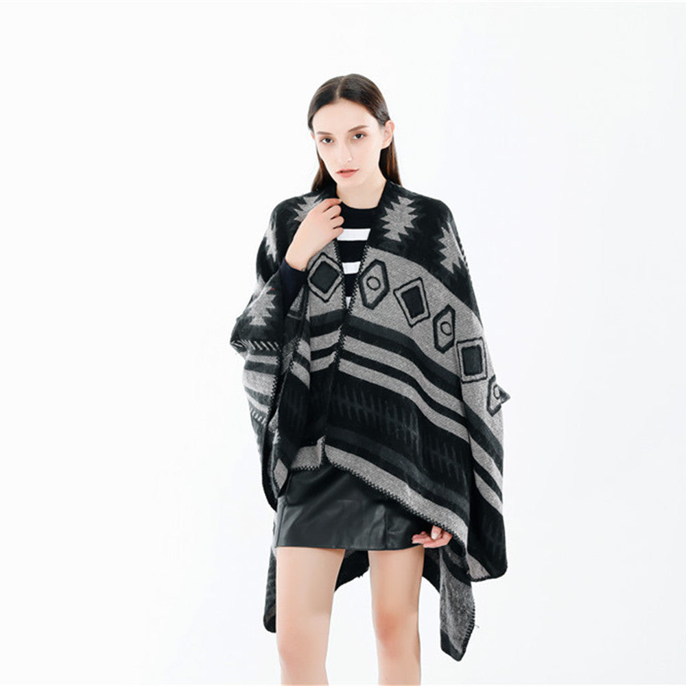 Damen Gewebter Jacquard-Ruana-Poncho mit geometrischem Ethno-Muster Shop Nory