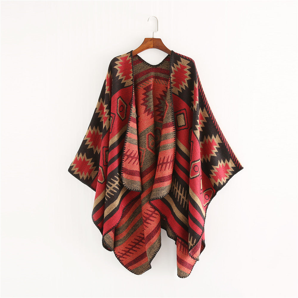 Damen Gewebter Jacquard-Ruana-Poncho mit geometrischem Ethno-Muster Shop Nory
