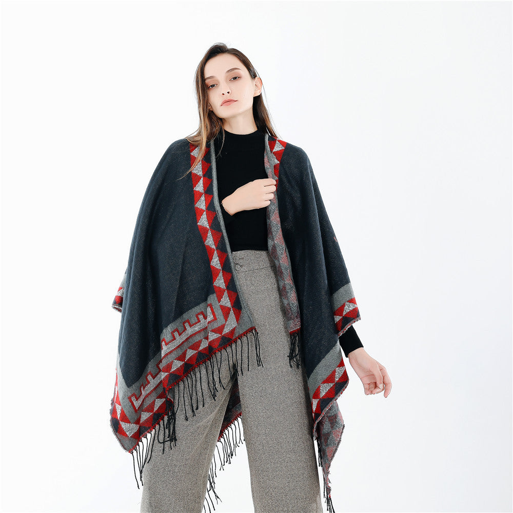 Damen Geometrischer Wollmix-Wickelponcho mit Fransen und Kontrastbordüren Shop Nory