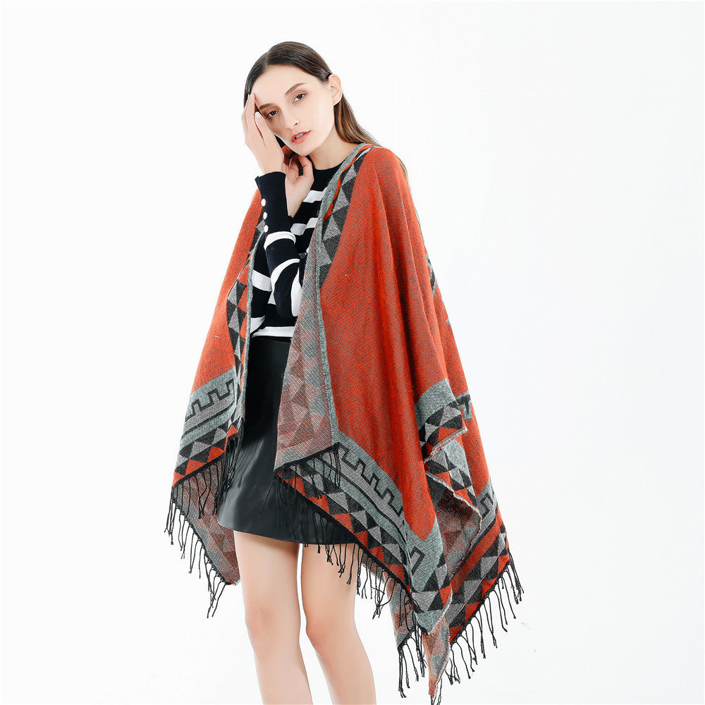 Damen Geometrischer Wollmix-Wickelponcho mit Fransen und Kontrastbordüren Shop Nory