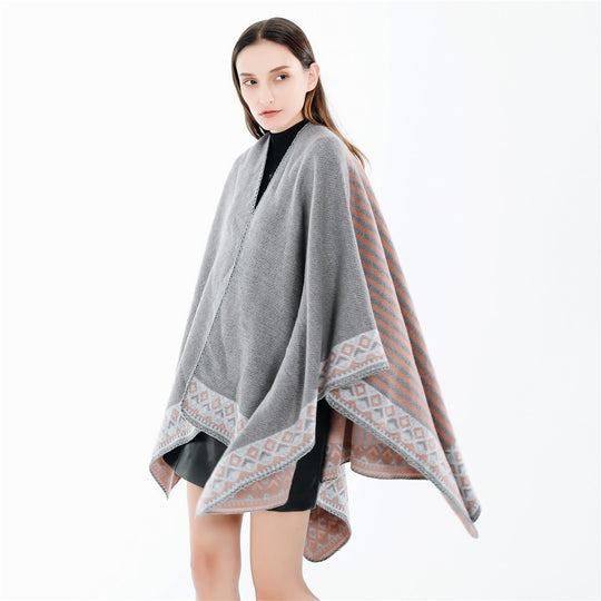 Damen Oversize-Doubleface-Ruana mit gewebter Bordüre und weichem Wollmix Shop Nory