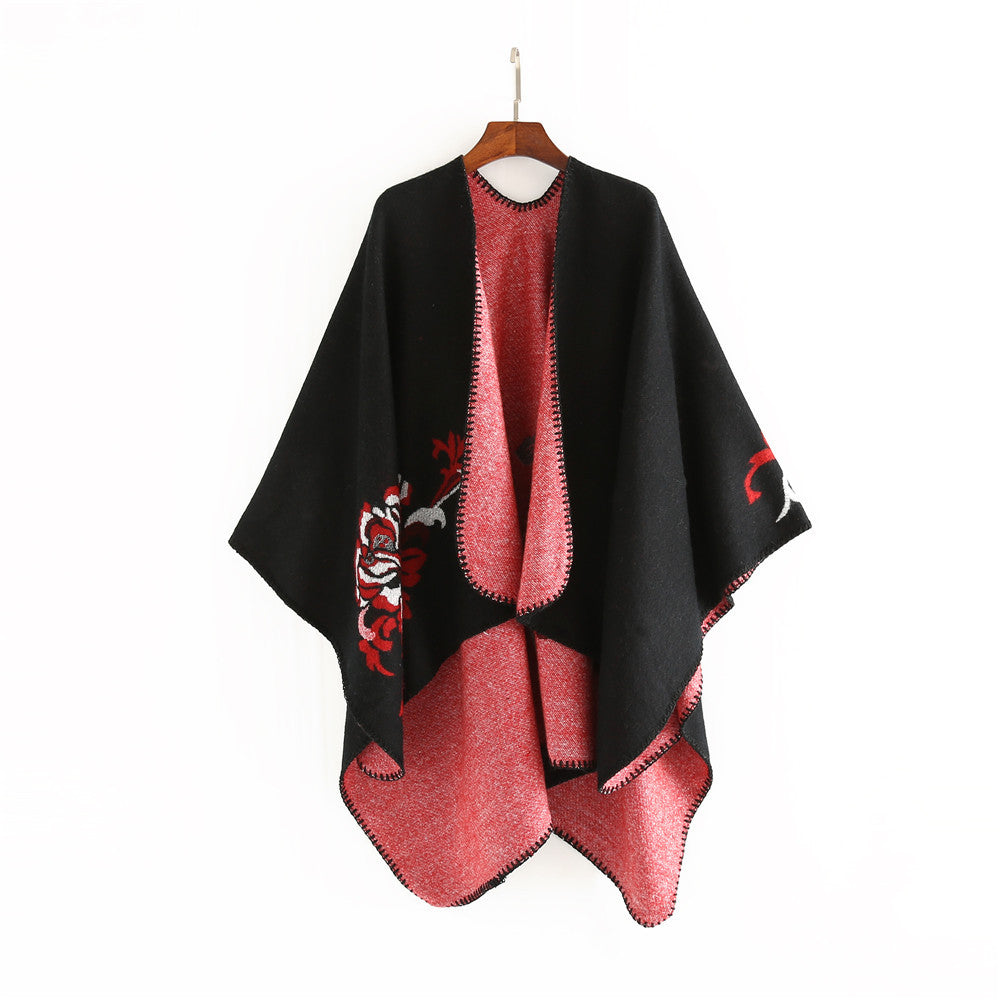 Damen Wendbarer Capeponcho aus Wolloptik mit floralem Jacquard und weichem Wasserfallsaum Shop Nory