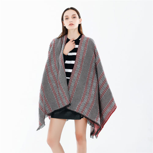 Damen Jacquard‑Ruana‑Poncho mit Fransen und offenem Oversize‑Fall Shop Nory