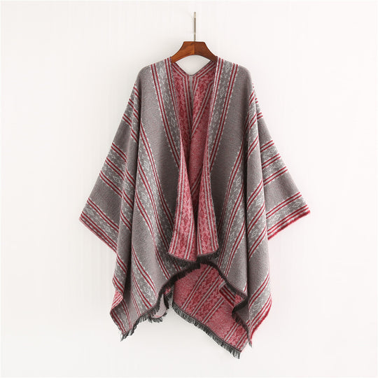 Damen Jacquard‑Ruana‑Poncho mit Fransen und offenem Oversize‑Fall Shop Nory