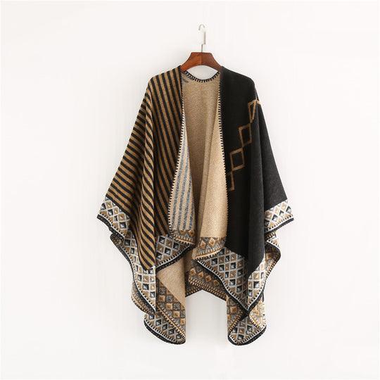 Damen Gewebte Oversize-Ruana mit Ethno-Bordüre und Streifenstruktur Shop Nory