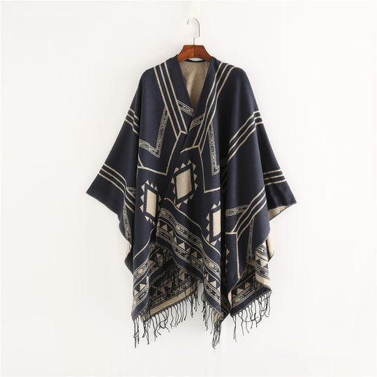 Damen Oversized Fransen-Poncho im Aztekenmuster aus Wollmix Shop Nory