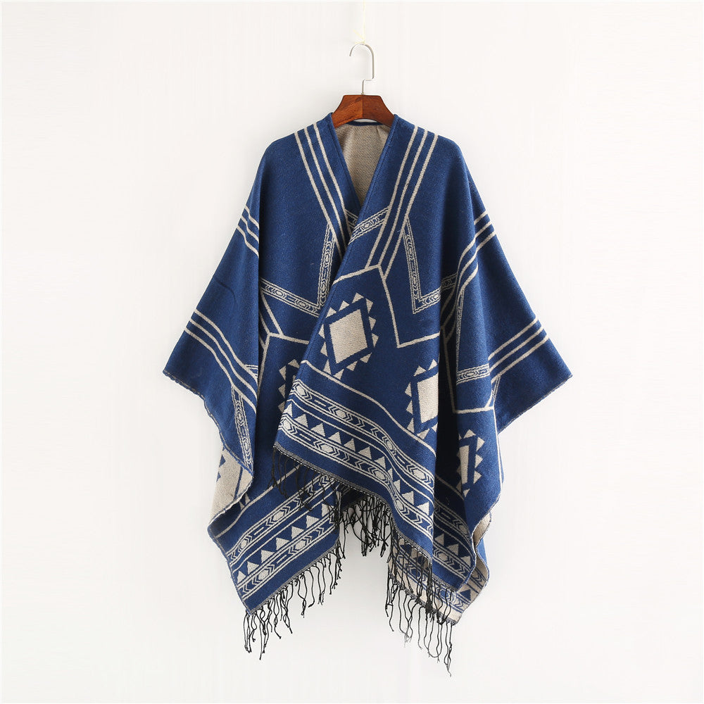 Damen Oversized Fransen-Poncho im Aztekenmuster aus Wollmix Shop Nory
