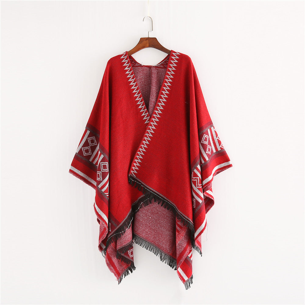 Damen Oversize-Ruana-Poncho im Boho-Ethno-Look aus Wollmix mit V-Ausschnitt und Fransensaum Shop Nory