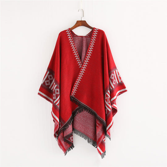 Damen Oversize-Ruana-Poncho im Boho-Ethno-Look aus Wollmix mit V-Ausschnitt und Fransensaum Shop Nory