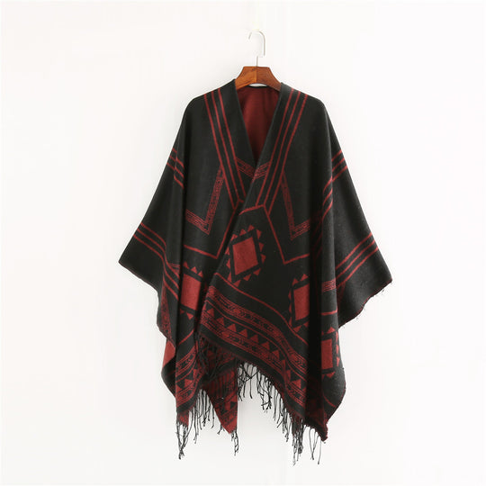 Damen Oversized Fransen-Poncho im Aztekenmuster aus Wollmix Shop Nory