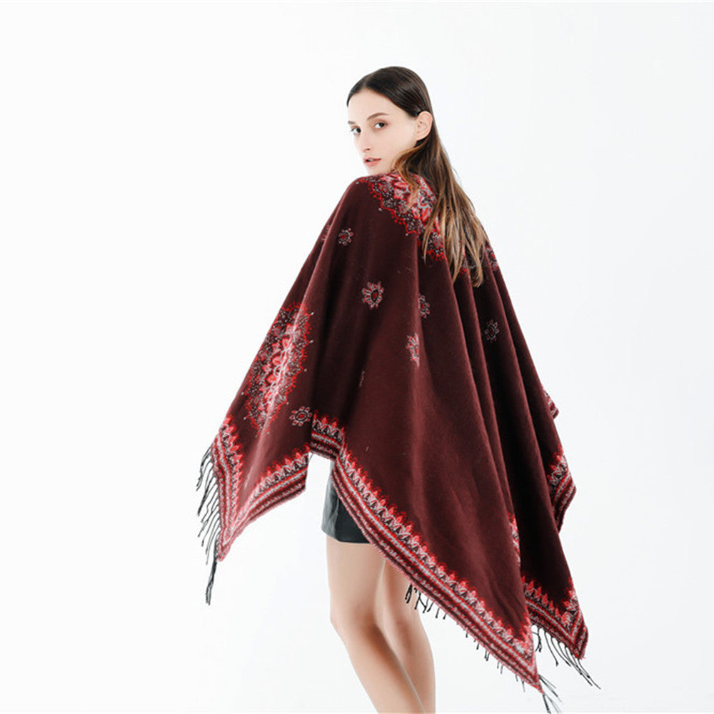 Damen Jacquard-Poncho im Oversize-Kimono-Fall mit Fransen Shop Nory