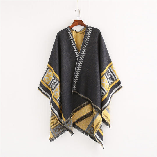 Damen Oversize-Ruana-Poncho im Boho-Ethno-Look aus Wollmix mit V-Ausschnitt und Fransensaum Shop Nory