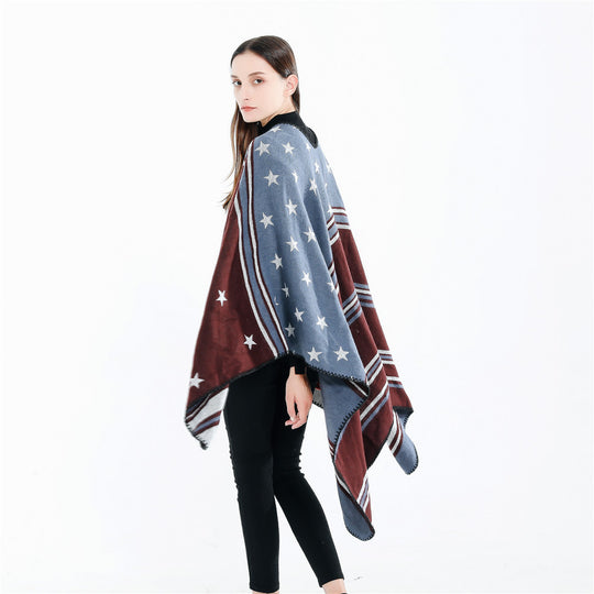 Damen Ruana-Überwurf mit Sternmotiv und zweifarbiger Jacquardkante Shop Nory