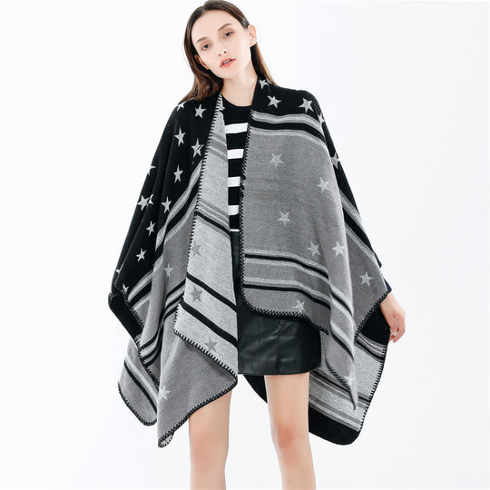 Damen Ruana-Überwurf mit Sternmotiv und zweifarbiger Jacquardkante Shop Nory