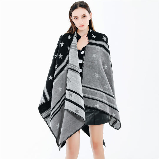Damen Ruana-Überwurf mit Sternmotiv und zweifarbiger Jacquardkante Shop Nory