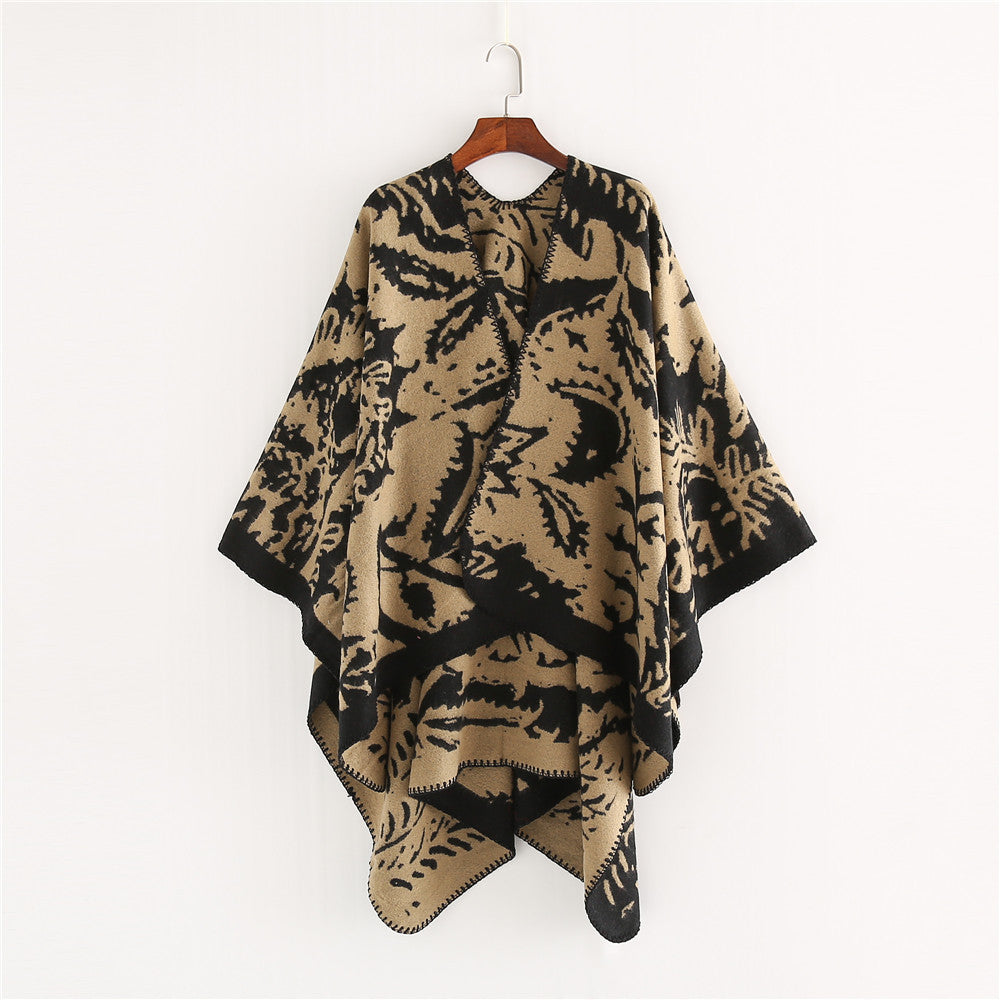 Damen Jacquard‑Ruana‑Überwurf mit floraler Webstruktur und dekorativer Kettelkante Shop Nory