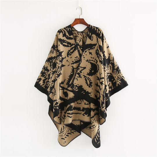 Damen Jacquard‑Ruana‑Überwurf mit floraler Webstruktur und dekorativer Kettelkante Shop Nory
