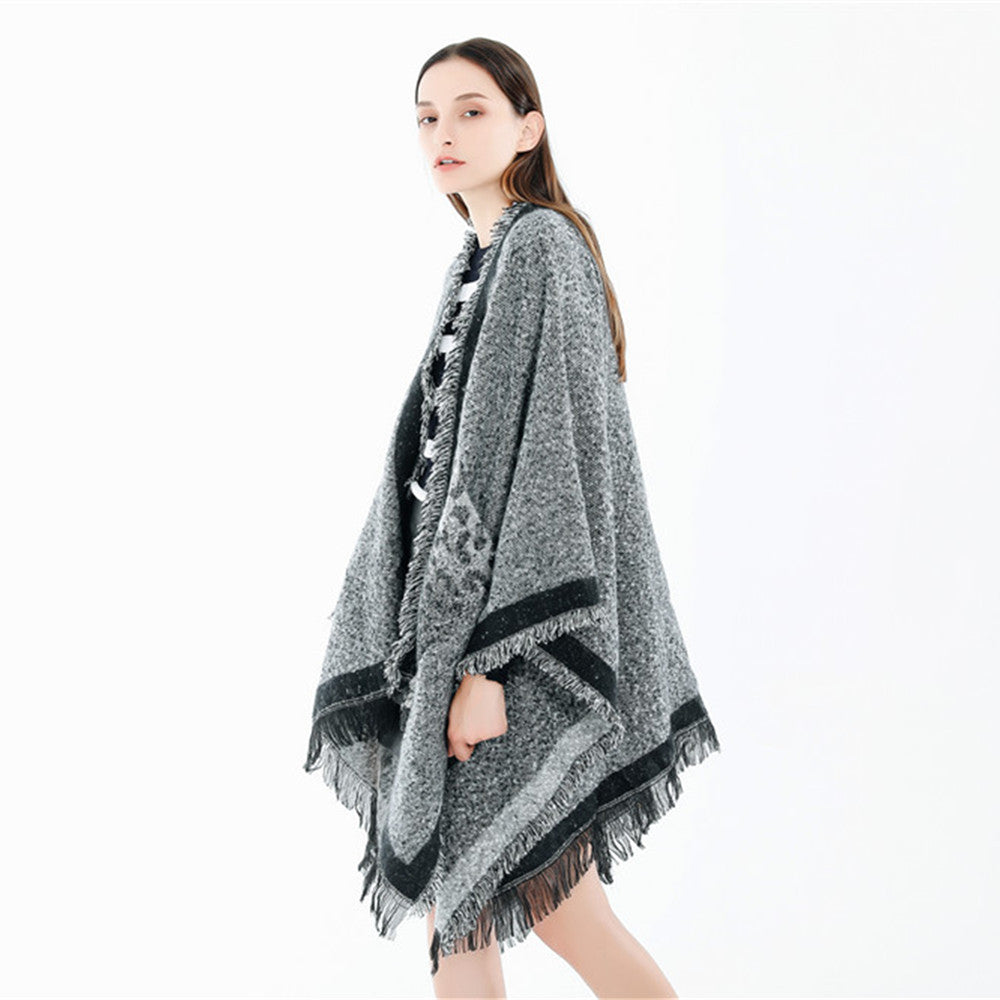 Damen Oversize-Ruana-Poncho im wolligen Mix mit Fransen und Kontrastkante Shop Nory