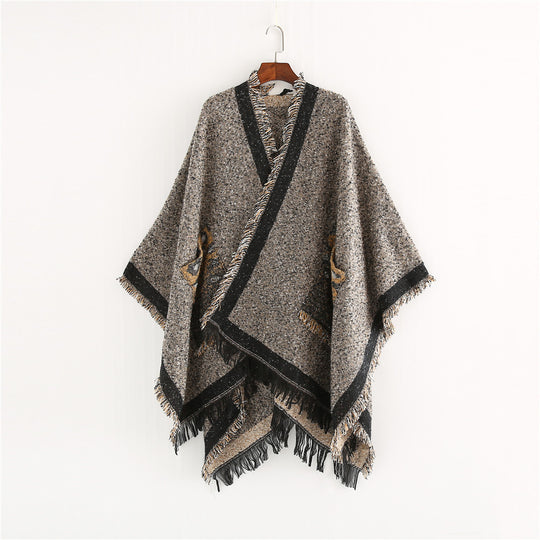 Damen Oversize-Ruana-Poncho im wolligen Mix mit Fransen und Kontrastkante Shop Nory