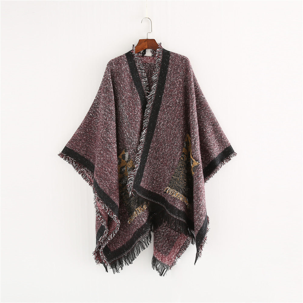 Damen Oversize-Ruana-Poncho im wolligen Mix mit Fransen und Kontrastkante Shop Nory