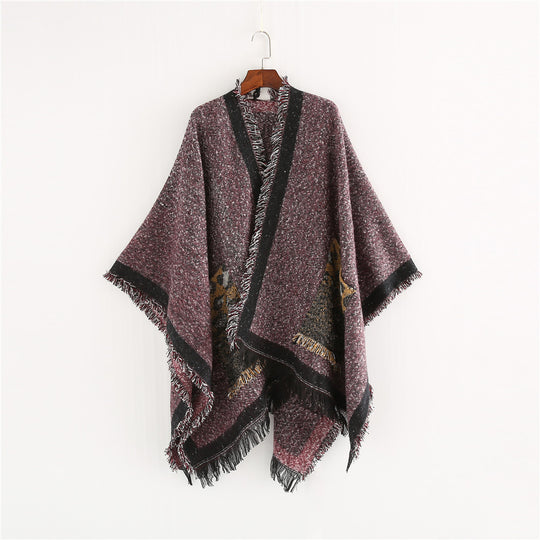 Damen Oversize-Ruana-Poncho im wolligen Mix mit Fransen und Kontrastkante Shop Nory