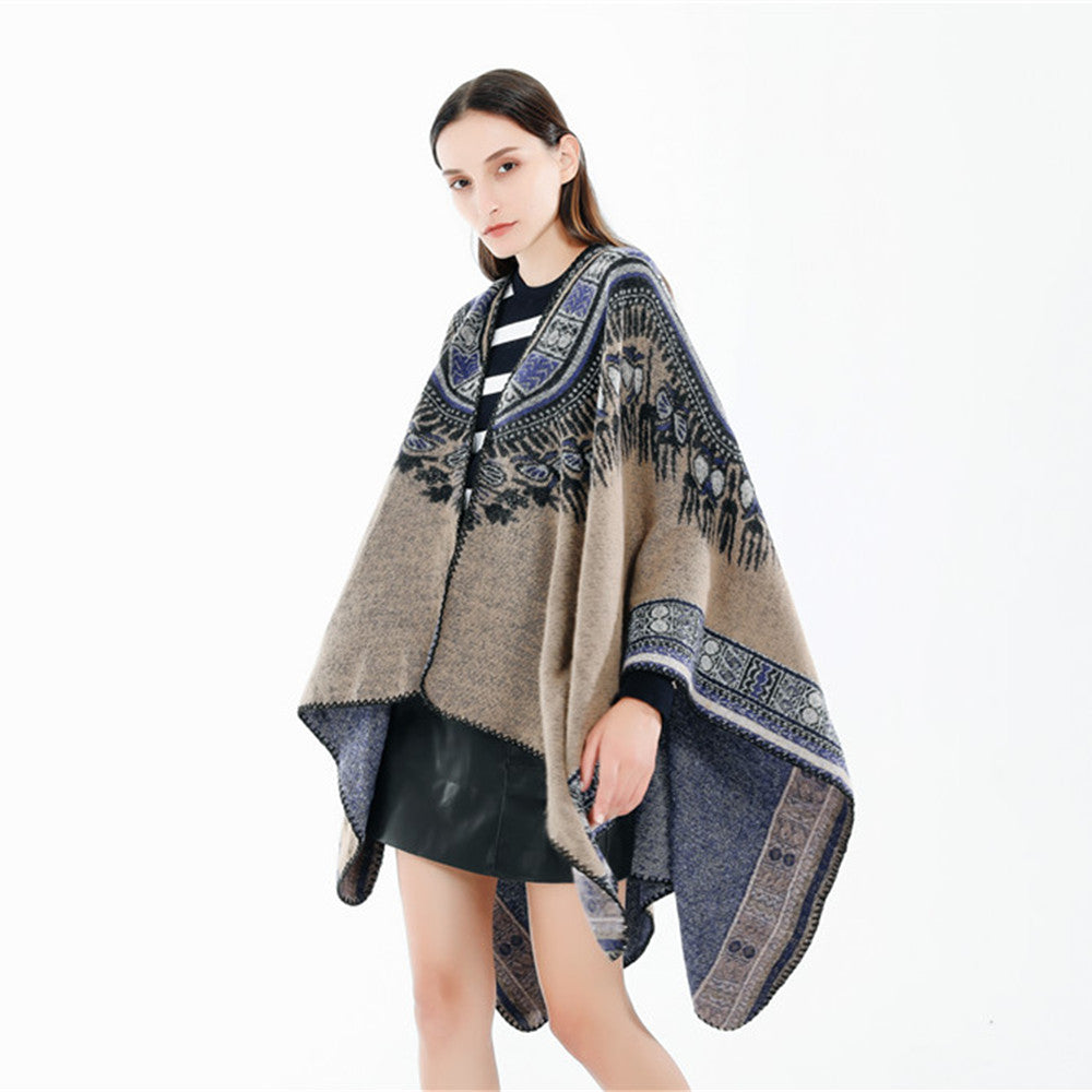 Damen Oversize-Ruana-Poncho im Ethno-Jacquard mit V-Ausschnitt und Bordürenkante Shop Nory