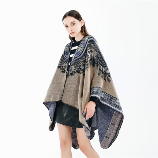 Damen Oversize-Ruana-Poncho im Ethno-Jacquard mit V-Ausschnitt und Bordürenkante Shop Nory