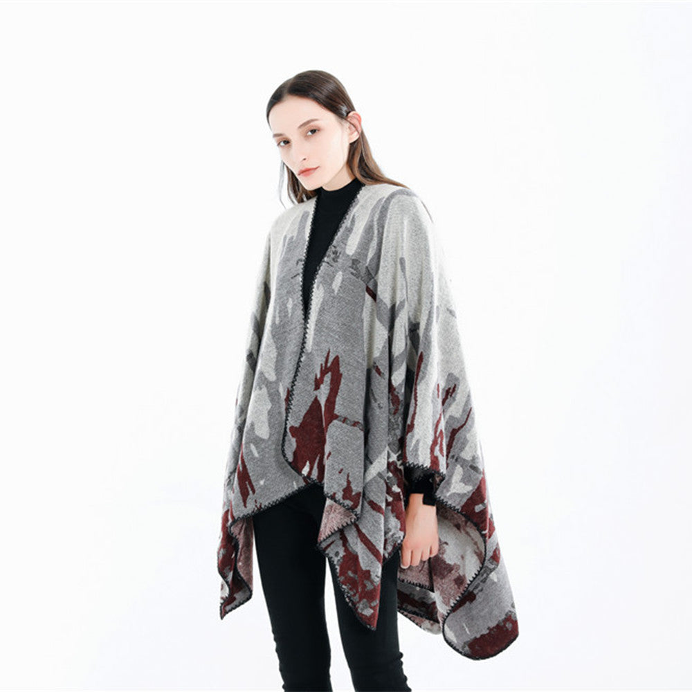 Damen Grobgewebter Kunstfaser-Ruana mit abstraktem Aquarellmuster und Zierkettensaum Shop Nory