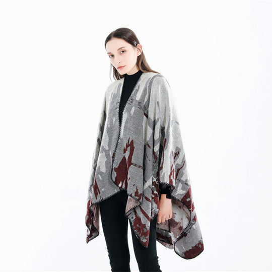 Damen Grobgewebter Kunstfaser-Ruana mit abstraktem Aquarellmuster und Zierkettensaum Shop Nory