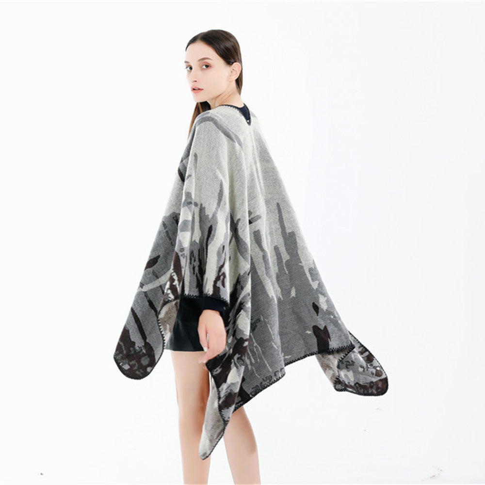 Damen Grobgewebter Kunstfaser-Ruana mit abstraktem Aquarellmuster und Zierkettensaum Shop Nory