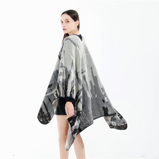 Damen Grobgewebter Kunstfaser-Ruana mit abstraktem Aquarellmuster und Zierkettensaum Shop Nory