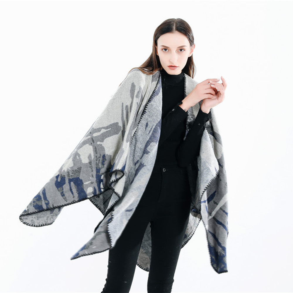 Damen Grobgewebter Kunstfaser-Ruana mit abstraktem Aquarellmuster und Zierkettensaum Shop Nory