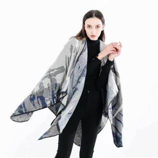 Damen Grobgewebter Kunstfaser-Ruana mit abstraktem Aquarellmuster und Zierkettensaum Shop Nory