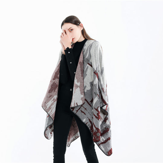 Damen Grobgewebter Kunstfaser-Ruana mit abstraktem Aquarellmuster und Zierkettensaum Shop Nory