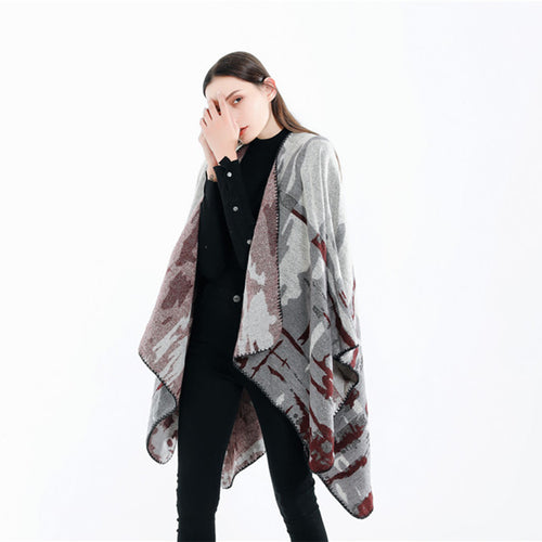 Damen Grobgewebter Kunstfaser-Ruana mit abstraktem Aquarellmuster und Zierkettensaum Shop Nory