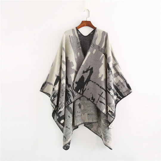 Damen Grobgewebter Kunstfaser-Ruana mit abstraktem Aquarellmuster und Zierkettensaum Shop Nory