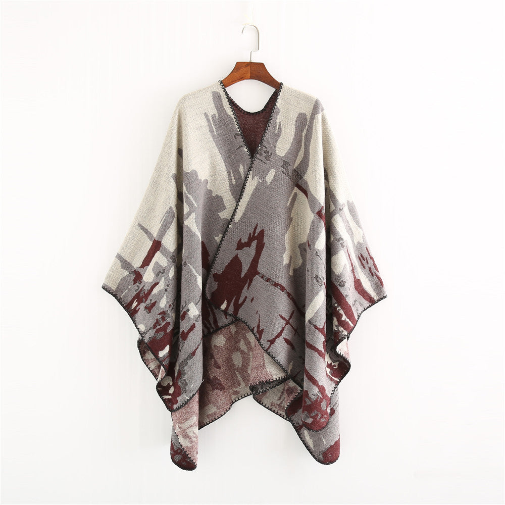 Damen Grobgewebter Kunstfaser-Ruana mit abstraktem Aquarellmuster und Zierkettensaum Shop Nory