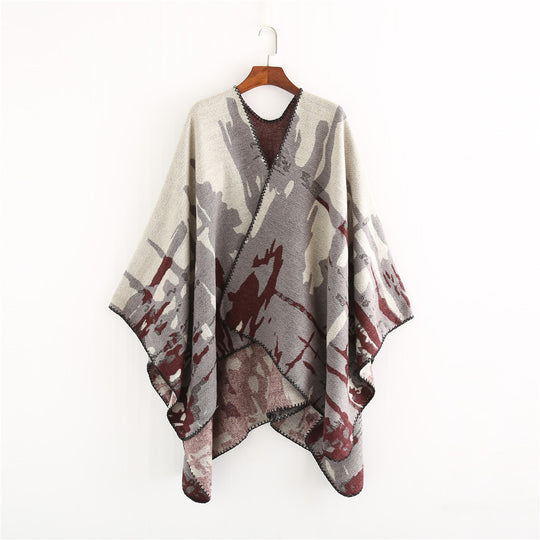 Damen Grobgewebter Kunstfaser-Ruana mit abstraktem Aquarellmuster und Zierkettensaum Shop Nory
