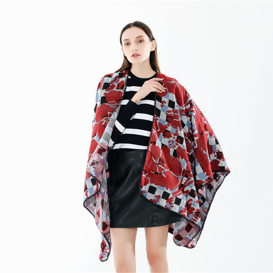 Damen Oversize-Ruana mit V-Ausschnitt und Jacquard-Karo-Floralmuster Shop Nory