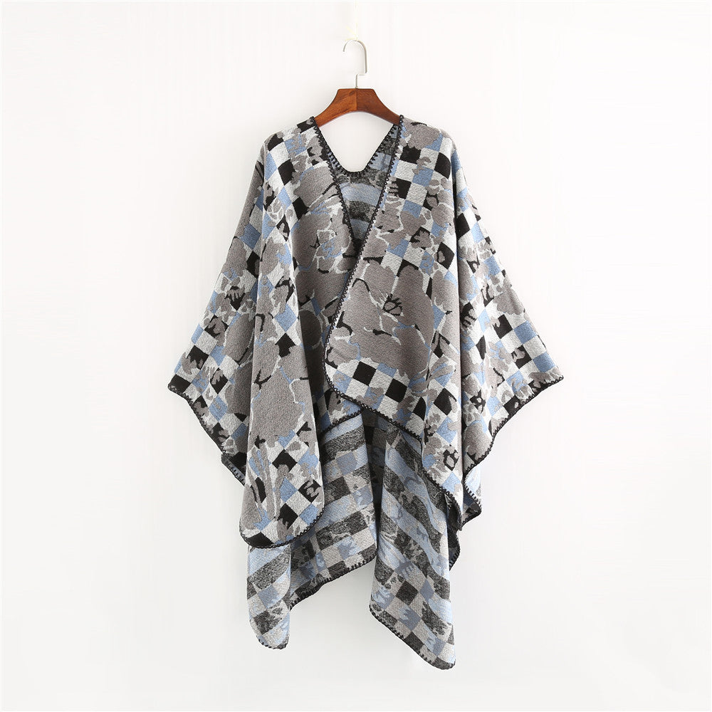 Damen Oversize-Ruana mit V-Ausschnitt und Jacquard-Karo-Floralmuster Shop Nory