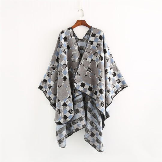 Damen Oversize-Ruana mit V-Ausschnitt und Jacquard-Karo-Floralmuster Shop Nory