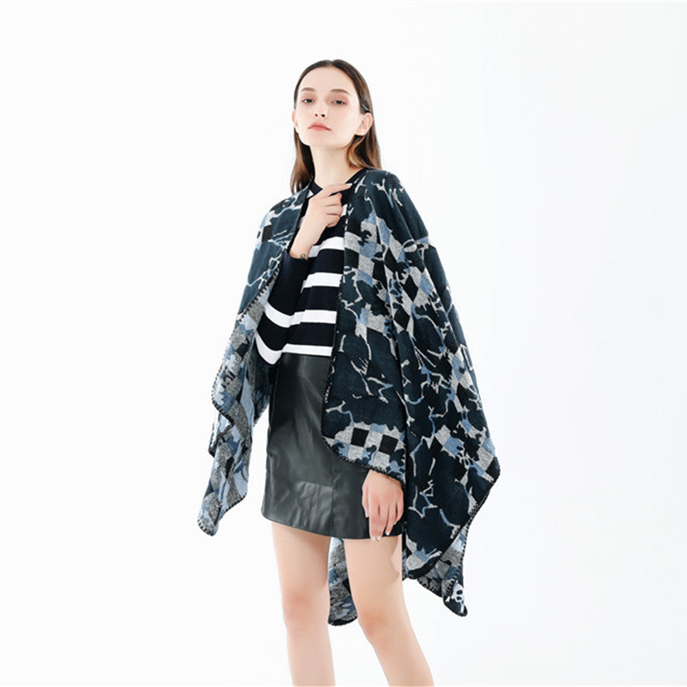 Damen Oversize-Ruana mit V-Ausschnitt und Jacquard-Karo-Floralmuster Shop Nory
