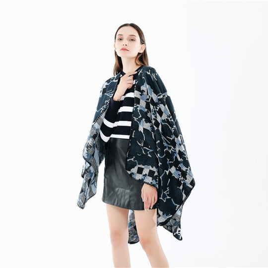 Damen Oversize-Ruana mit V-Ausschnitt und Jacquard-Karo-Floralmuster Shop Nory