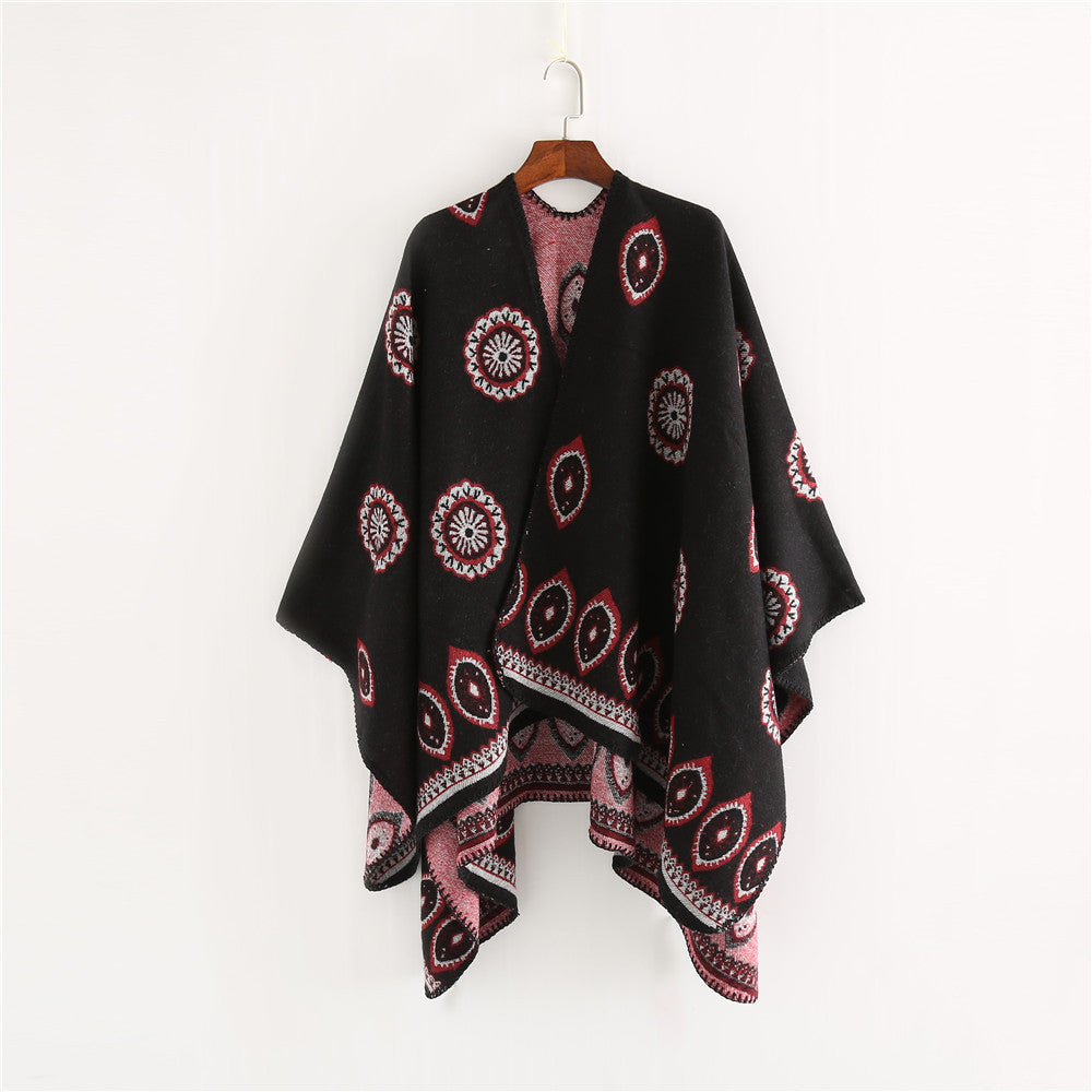 Damen Oversize-Ruana mit gewebtem Medaillon‑Jacquard und offenem Kimono‑Fall Shop Nory