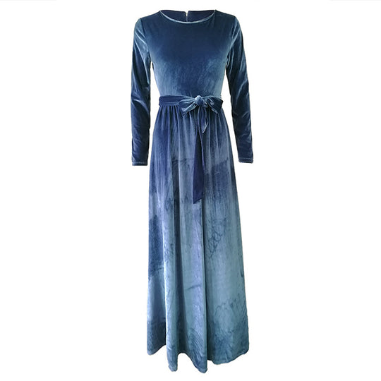 Damen Maxikleid aus Samt mit Taillengürtel und langem A‑Linien‑Rock Shop Nory