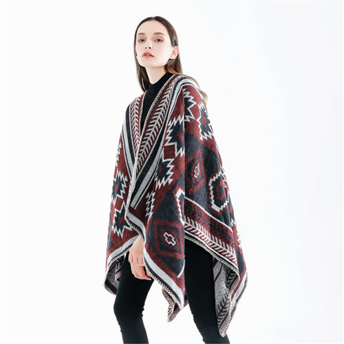 Damen Ethno‑Jacquard Ruana‑Poncho mit kastigem Oversize‑Fall und Zierkettelnaht Shop Nory
