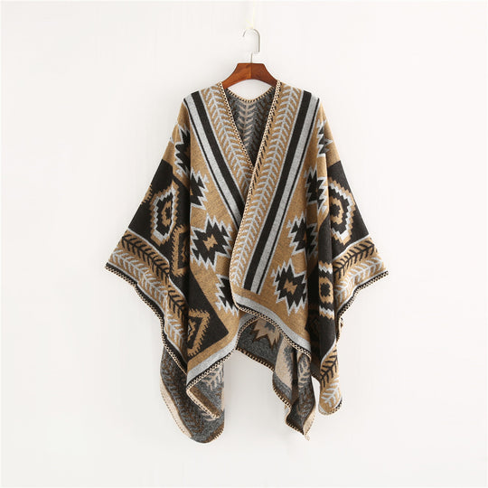 Damen Ethno‑Jacquard Ruana‑Poncho mit kastigem Oversize‑Fall und Zierkettelnaht Shop Nory
